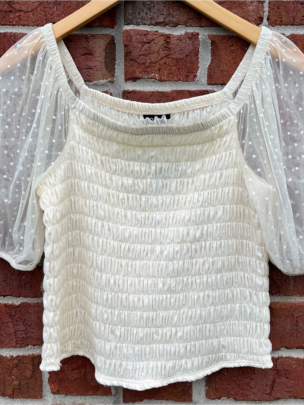 torrid Cream Shirred Bodice with Dotted‎ Sheer Puff Sleeves